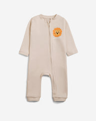Beige Cotton Long-Sleeve Jumpsuit with Cute Lion