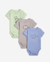 Set of 3 soft cotton baby bodysuits with playful animal prints