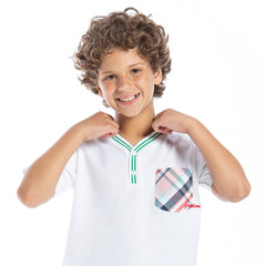 Stylish white tshirt with checked pocket for boys by Pompelo