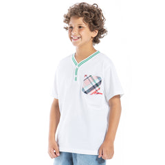 Stylish white tshirt with checked pocket for boys by Pompelo