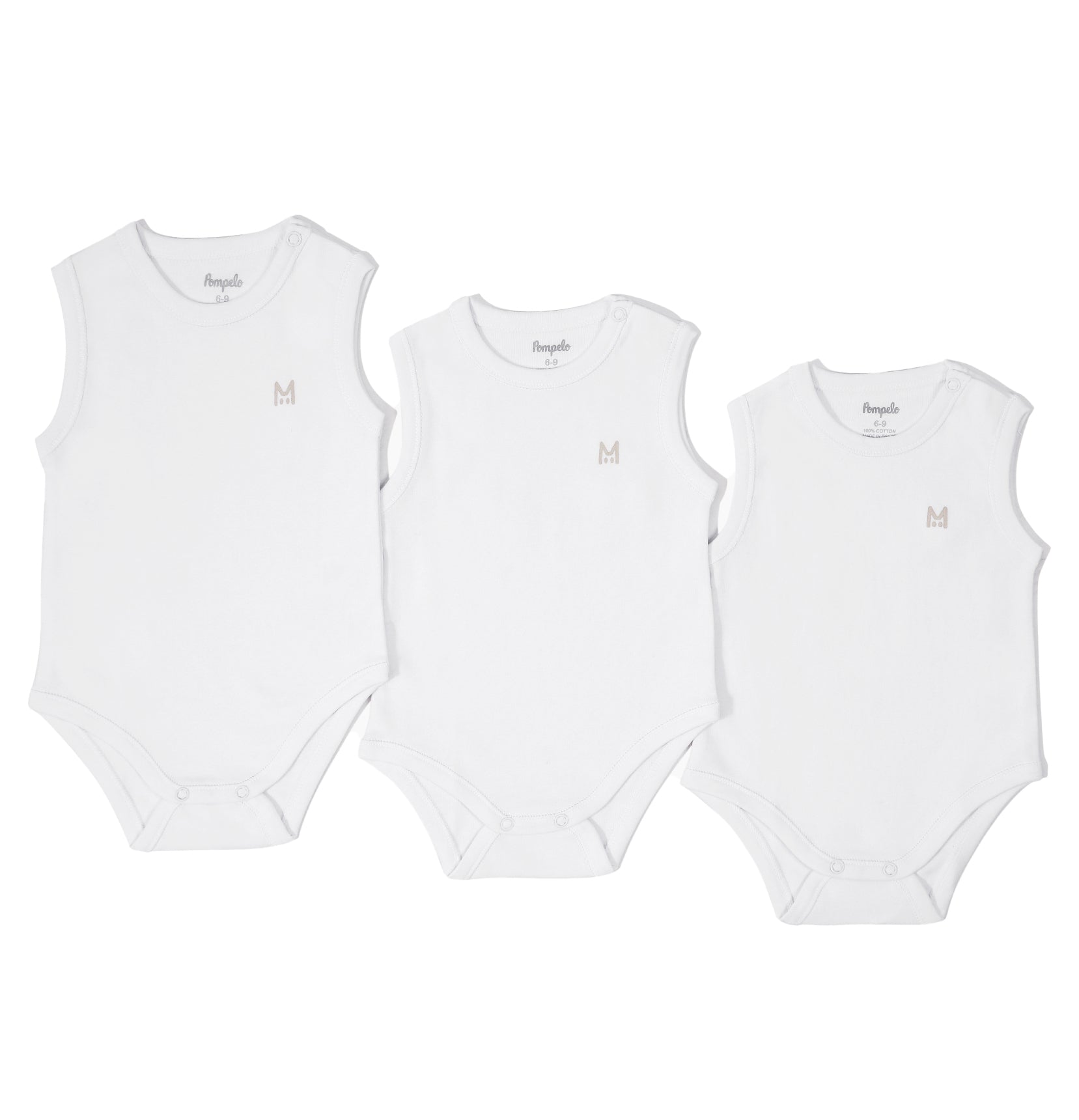 New born soft cotton white plain sleeveless set of 3 overalls by Pompelo