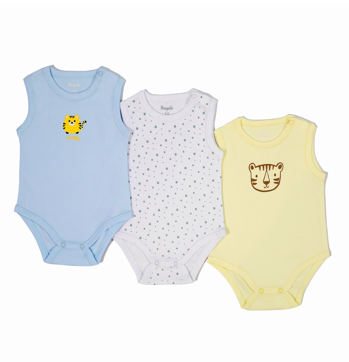 Fun printed set of 3 sleeveless jumpsuits for baby boys by Pompelo