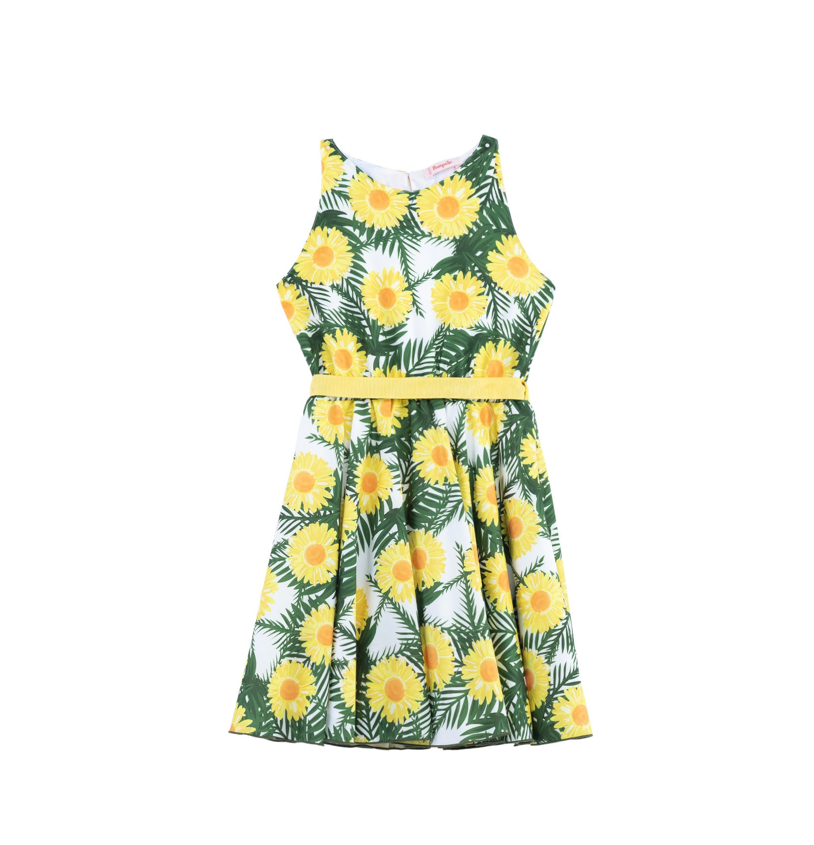 Sunflower patterned sleeveless dress with yellow ribbon by Pompelo