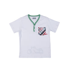 Stylish white tshirt with checked pocket for boys by Pompelo