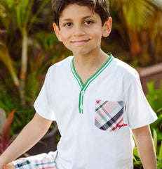 Stylish white tshirt with checked pocket for boys by Pompelo